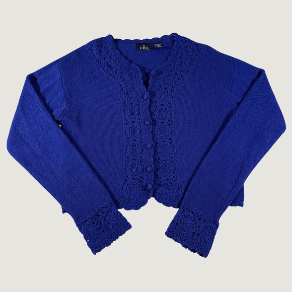 OBR Sweaters - OBR Royal Blue Lambswool Angora Crochet Lace Trim Cardigan Sweater L Cottagecore